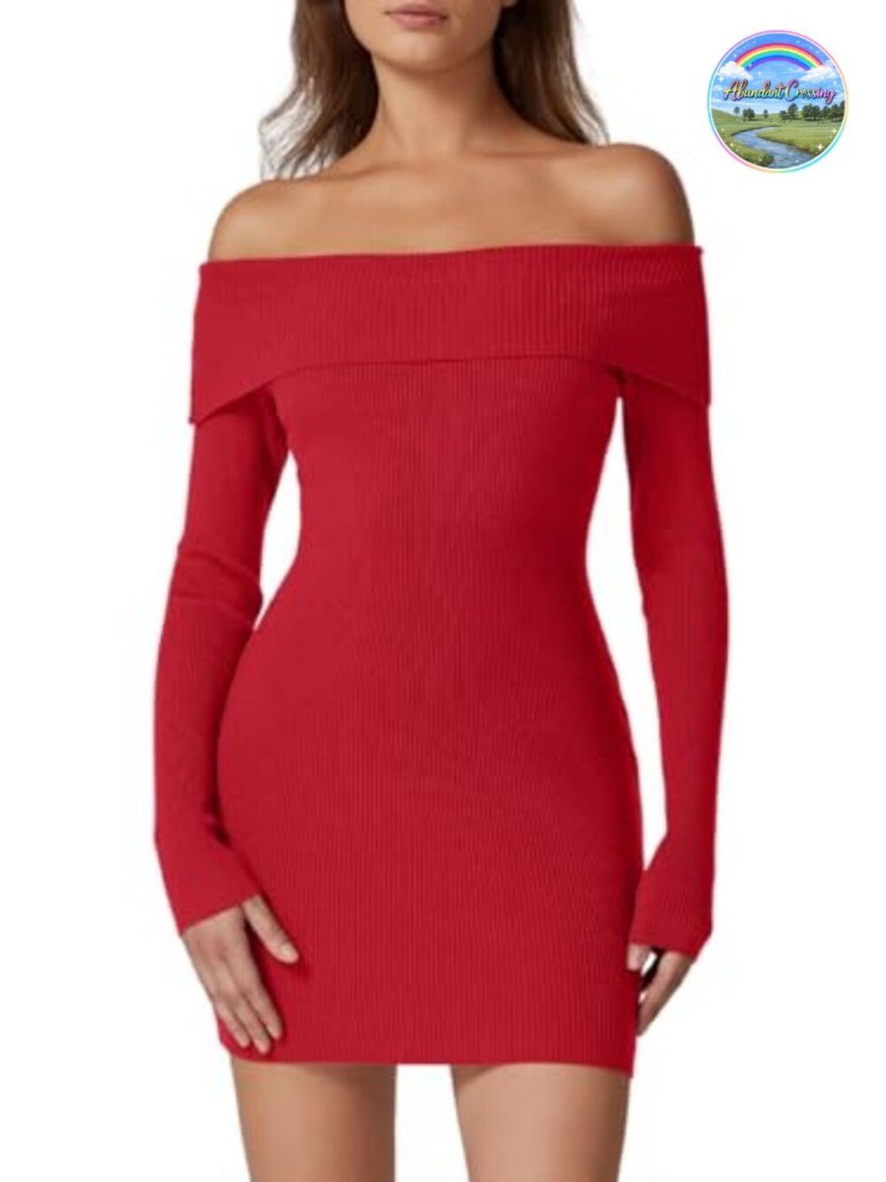 Off Shoulder Ribbed Knit Bodycon Mini Dress Long Sleeve Folded Neck